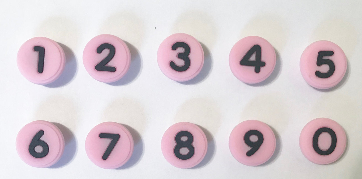 Number shoe charms colored circles with black, round, white, blue, pink, yellow, purple