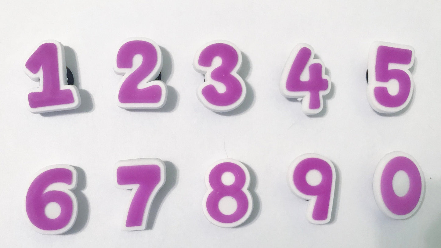 Number shoe charms, neon, florescent, blue, pink, orange, yellow, purple, salmon