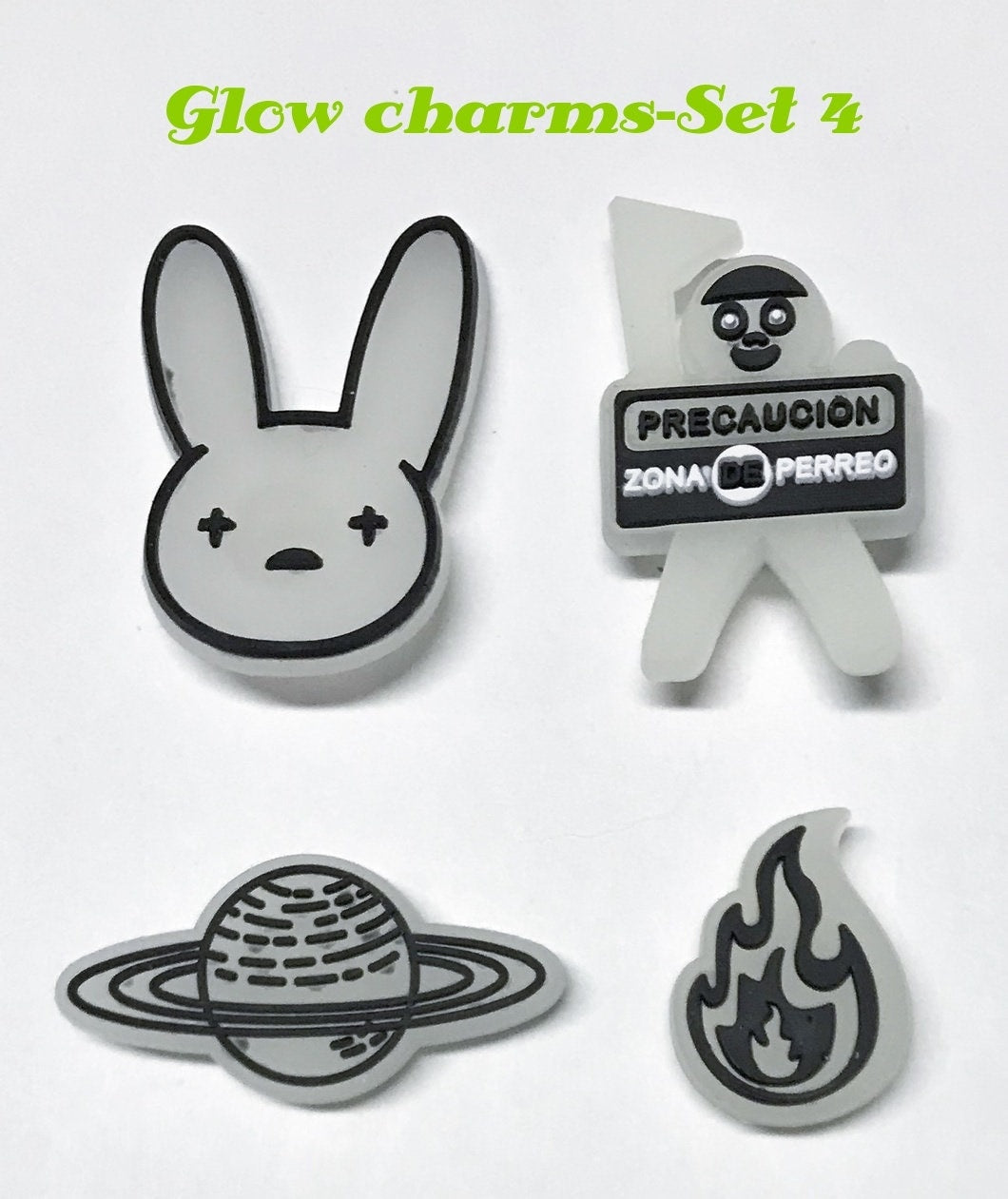 Glow in the dark shoe charm sets-reduced prices, camp, bunny, dinosaur