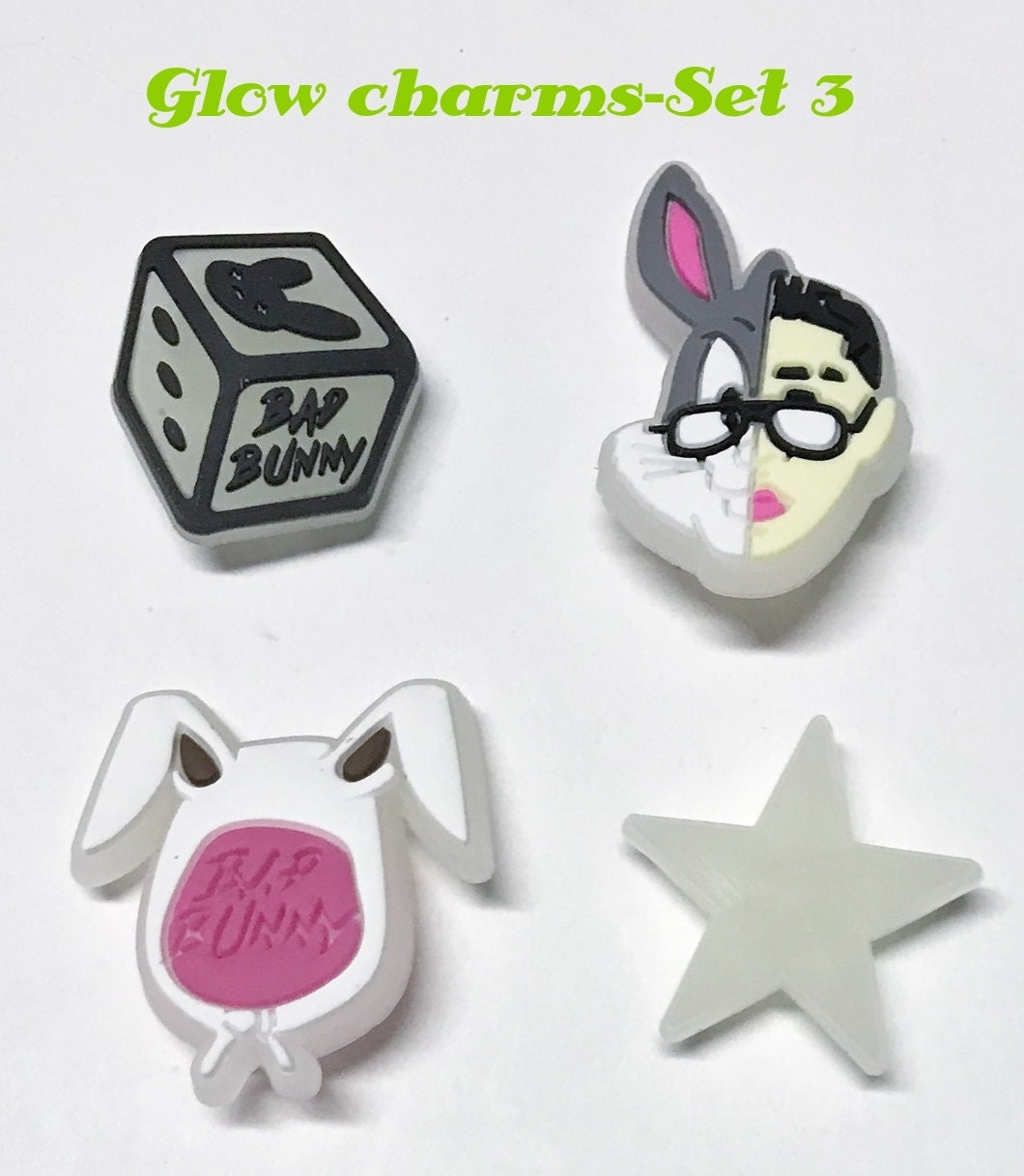 Glow in the dark shoe charm sets-reduced prices, camp, bunny, dinosaur