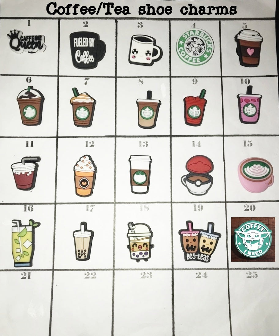 Coffee/Tea themed shoe charms, boba, caffeine, food and drinks