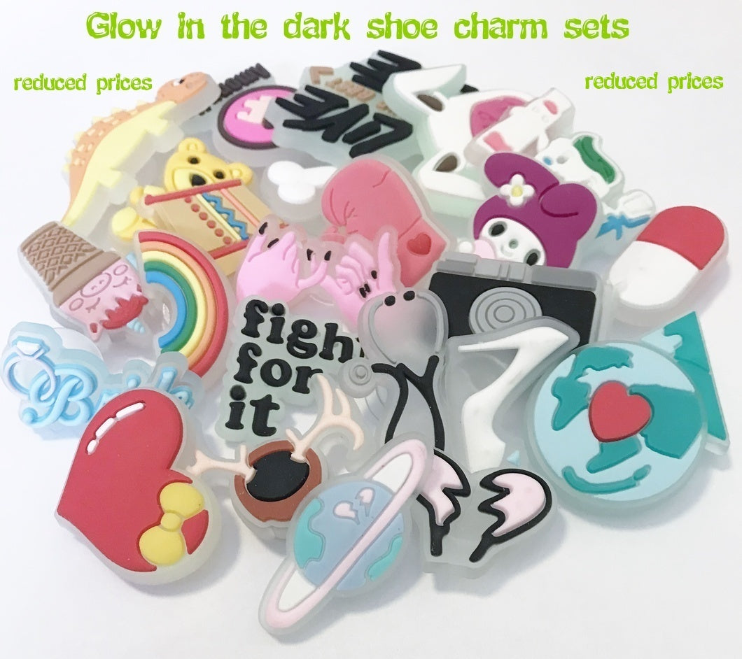 Glow in the dark shoe charm sets-reduced prices, camp, bunny, dinosaur