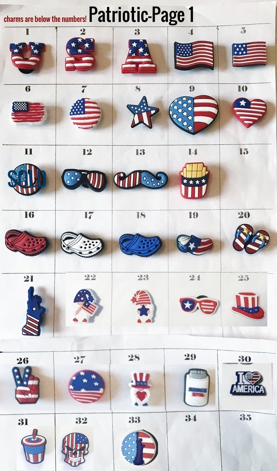 Patriotic shoe charms, stars & stripes, July 4th